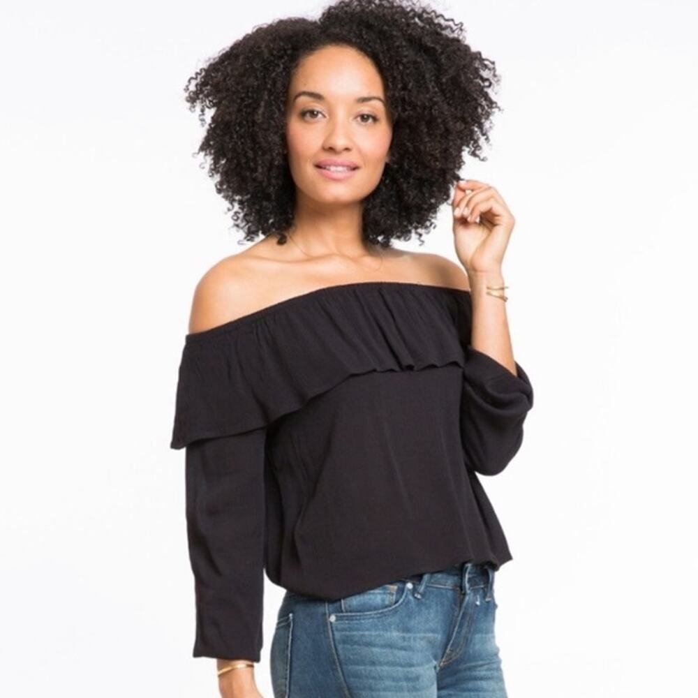 Marine Layer Womens Black Off The Shoulder Ruffle Long Sleeve Rayon Top Size L